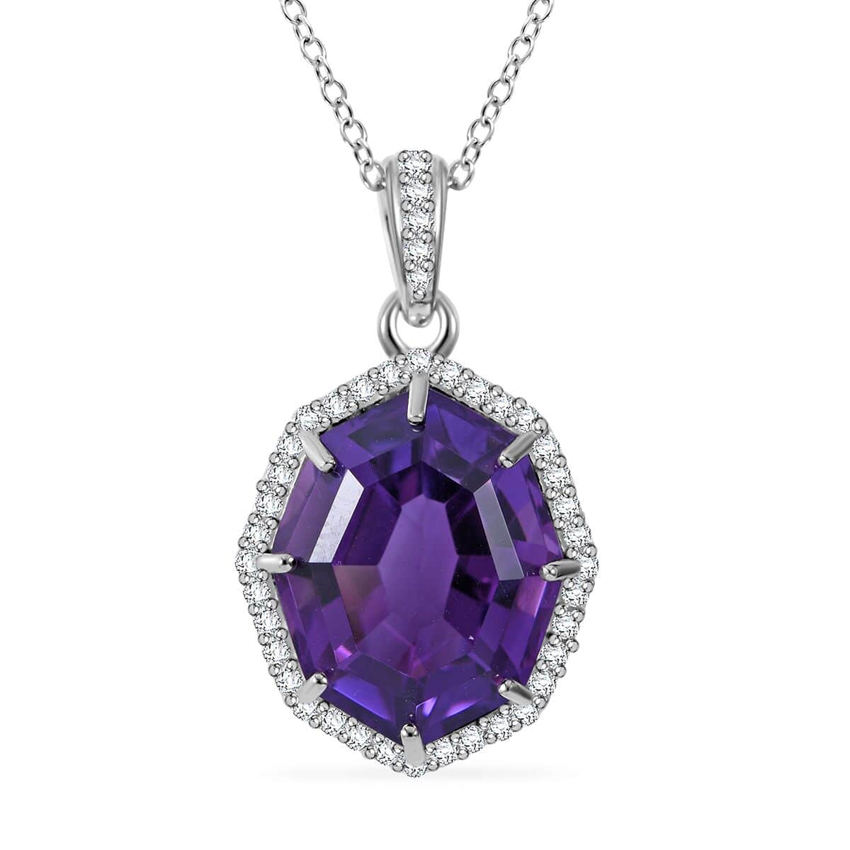 African Amethyst and White Zircon Halo Pendant Necklace 18 Inches in Platinum Over Sterling Silver 10.50 ctw image number 0