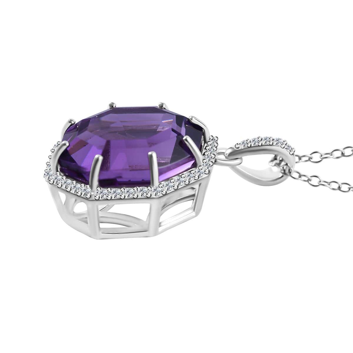 African Amethyst and White Zircon Halo Pendant Necklace 18 Inches in Platinum Over Sterling Silver 10.50 ctw image number 2