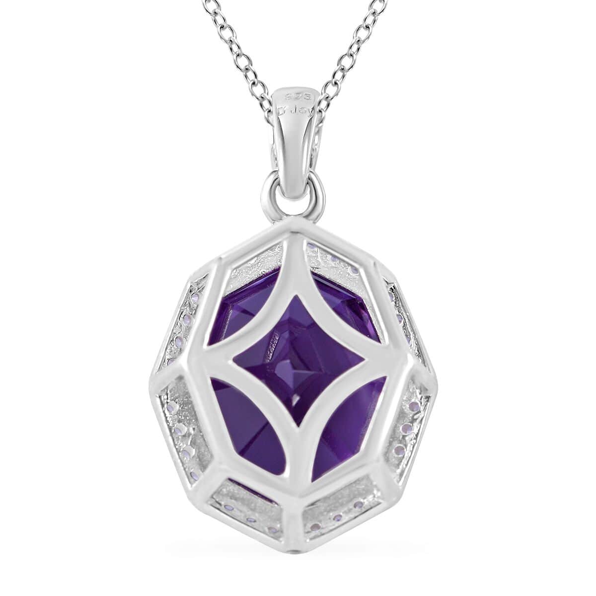 Fancy Cut African Amethyst and White Zircon Halo Pendant Necklace 18 Inches in Platinum Over Sterling Silver 10.50 ctw image number 3
