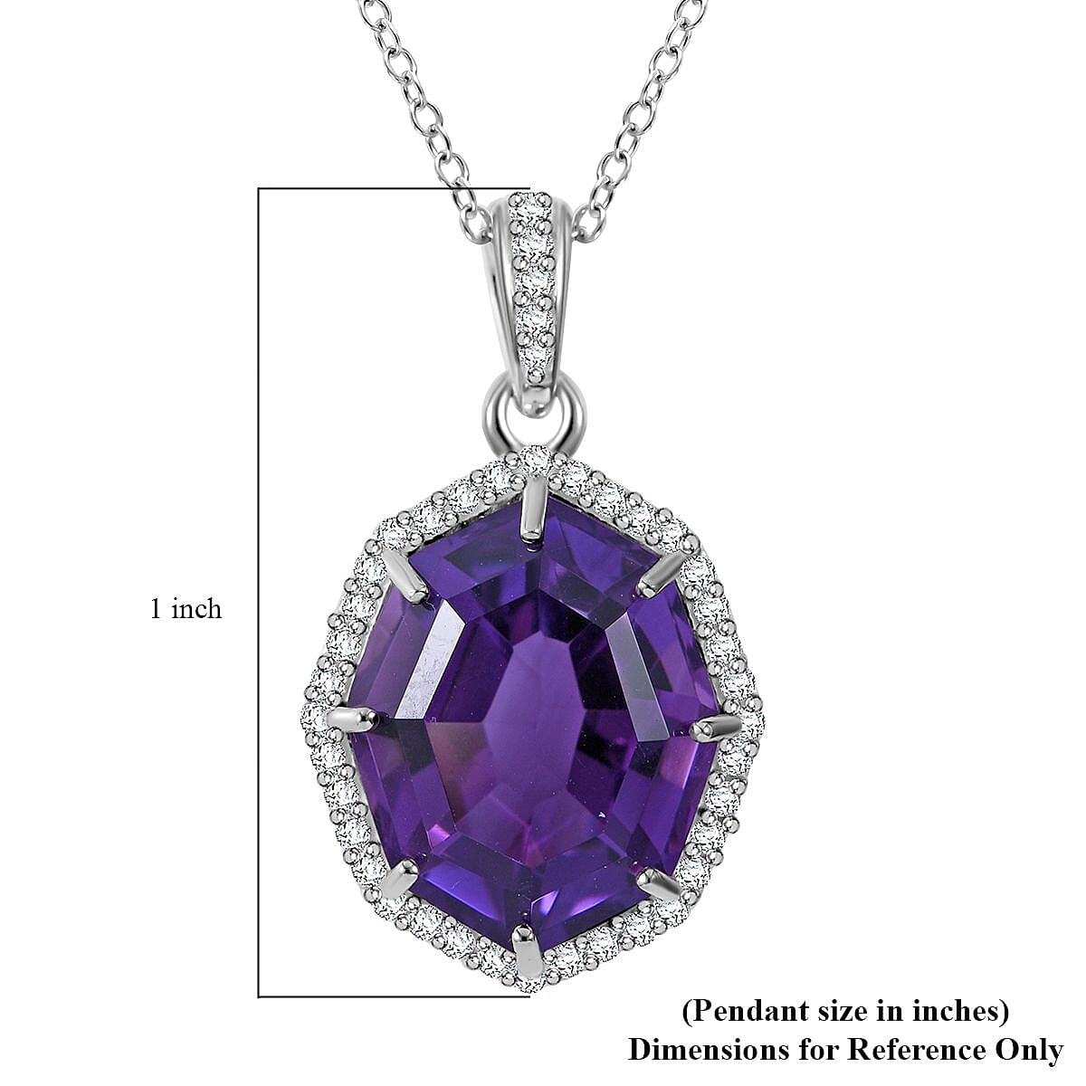 African Amethyst and White Zircon Halo Pendant Necklace 18 Inches in Platinum Over Sterling Silver 10.50 ctw