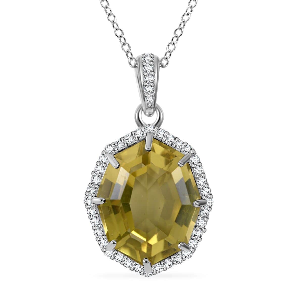 Fancy Cut Brazilian Green Gold Quartz and White Zircon Halo Pendant Necklace 18 Inches in Platinum Over Sterling Silver 10.50 ctw image number 0