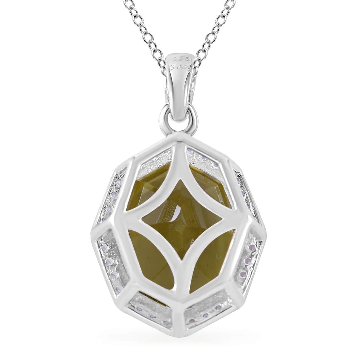 Fancy Cut Brazilian Green Gold Quartz and White Zircon Halo Pendant Necklace 18 Inches in Platinum Over Sterling Silver 10.50 ctw image number 3