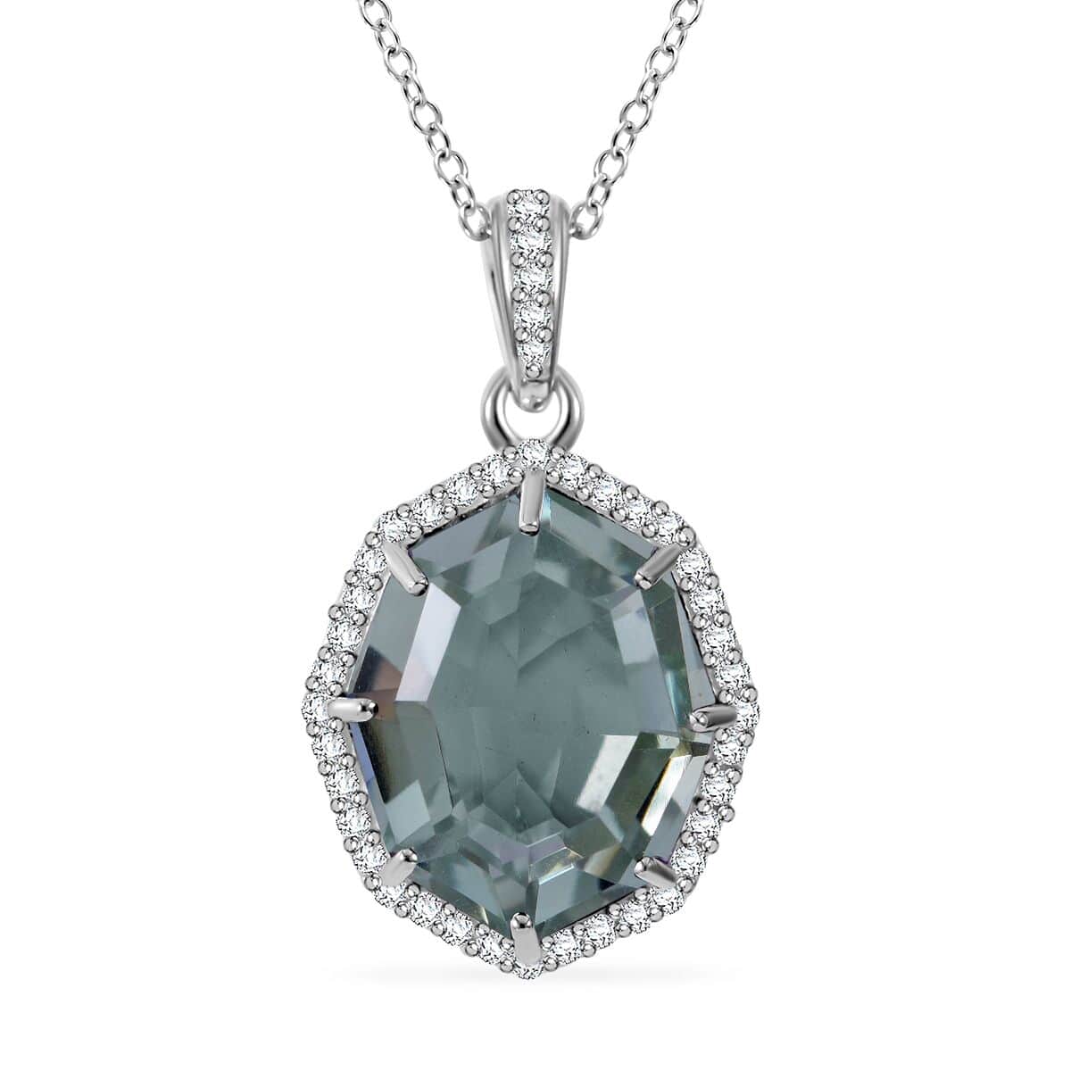 Fancy Cut Montezuma Prasiolite and White Zircon Halo Pendant Necklace 18 Inches in Platinum Over Sterling Silver 10.50 ctw image number 0