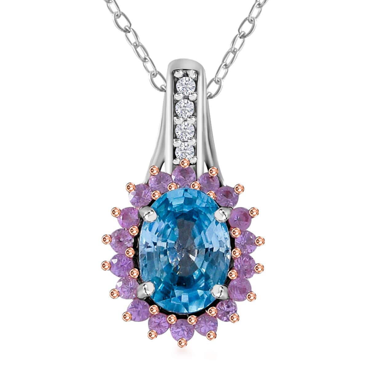 Cambodian Blue Zircon and Multi Gemstone Sunburst Pendant Necklace 18 Inches in Platinum Over Sterling Silver 2.50 ctw image number 0