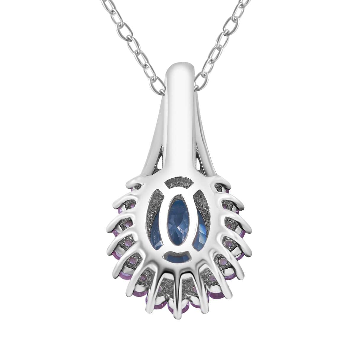 Cambodian Blue Zircon and Multi Gemstone Sunburst Pendant Necklace 18 Inches in Platinum Over Sterling Silver 2.50 ctw image number 3