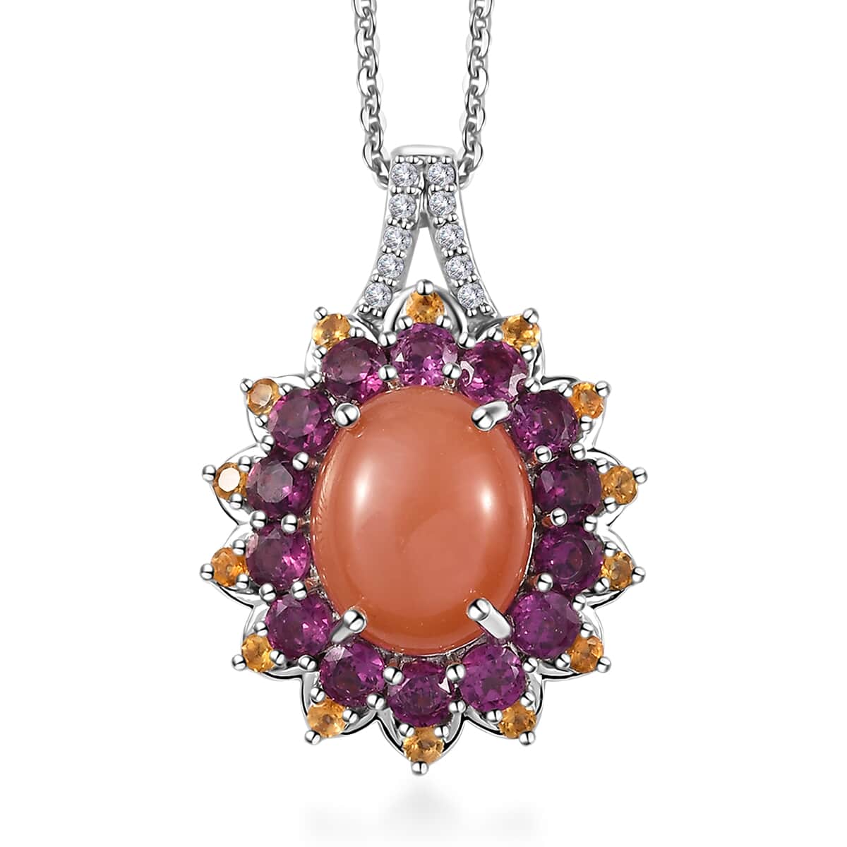 Peach Moonstone and Multi Gemstone Sunburst Pendant Necklace 20 Inches in Vermeil YG and Platinum Over Sterling Silver 7.75 ctw image number 0