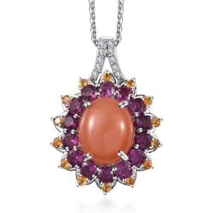 Peach Moonstone and Multi Gemstone Sunburst Pendant Necklace 20 Inches in Vermeil YG and Platinum Over Sterling Silver 7.75 ctw