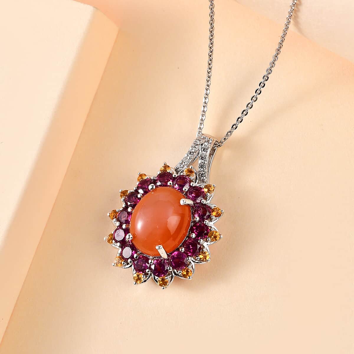 Peach Moonstone and Multi Gemstone Sunburst Pendant Necklace 20 Inches in Vermeil YG and Platinum Over Sterling Silver 7.75 ctw image number 1