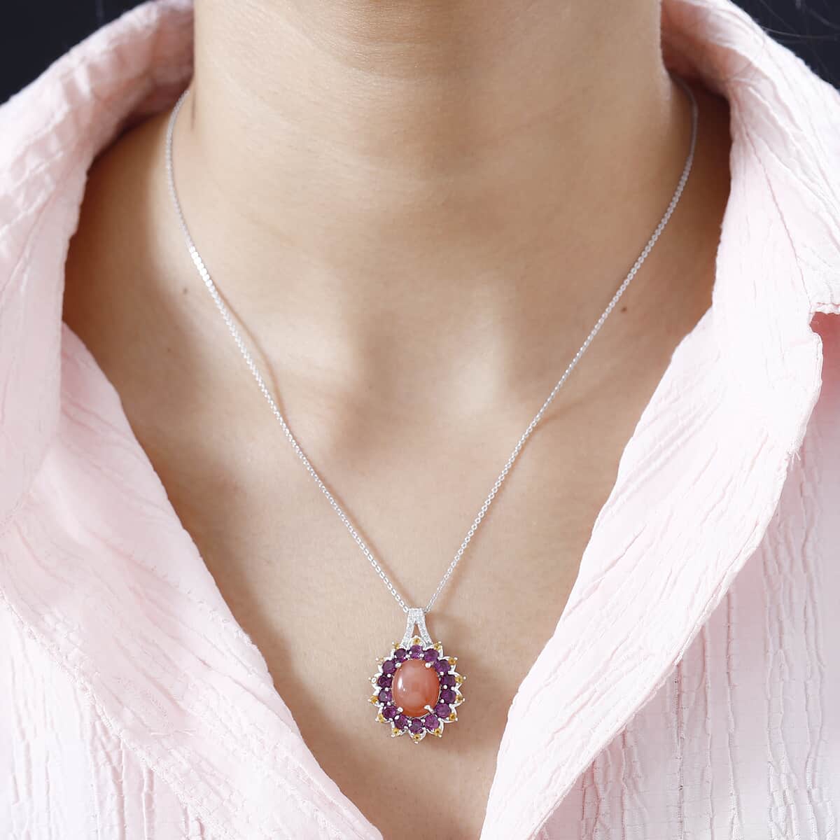 Peach Moonstone and Multi Gemstone Sunburst Pendant Necklace 20 Inches in Vermeil YG and Platinum Over Sterling Silver 7.75 ctw image number 2