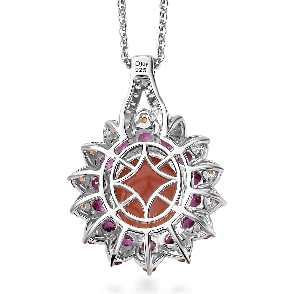 Peach Moonstone and Multi Gemstone Sunburst Pendant Necklace 20 Inches in Vermeil YG and Platinum Over Sterling Silver 7.75 ctw image number 4