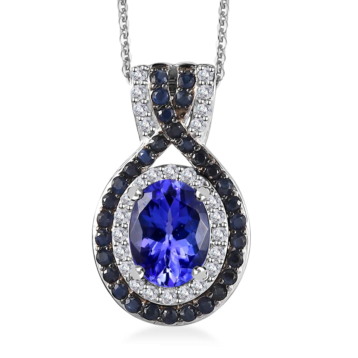 Tanzanite, Multi Gemstone Double Halo Pendant Necklace (20 Inches) in Platinum Over Sterling Silver 2.10 ctw image number 0