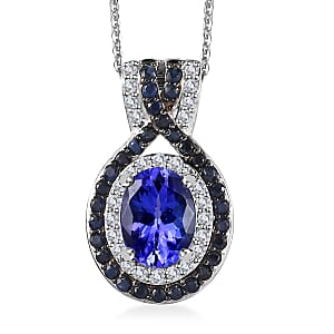 Tanzanite and Multi Gemstone 2.10 ctw Double Halo Pendant Necklace in Platinum Over Sterling Silver 20 Inches