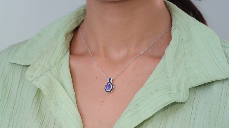 Tanzanite, Multi Gemstone Double Halo Pendant Necklace (20 Inches) in Platinum Over Sterling Silver 2.10 ctw