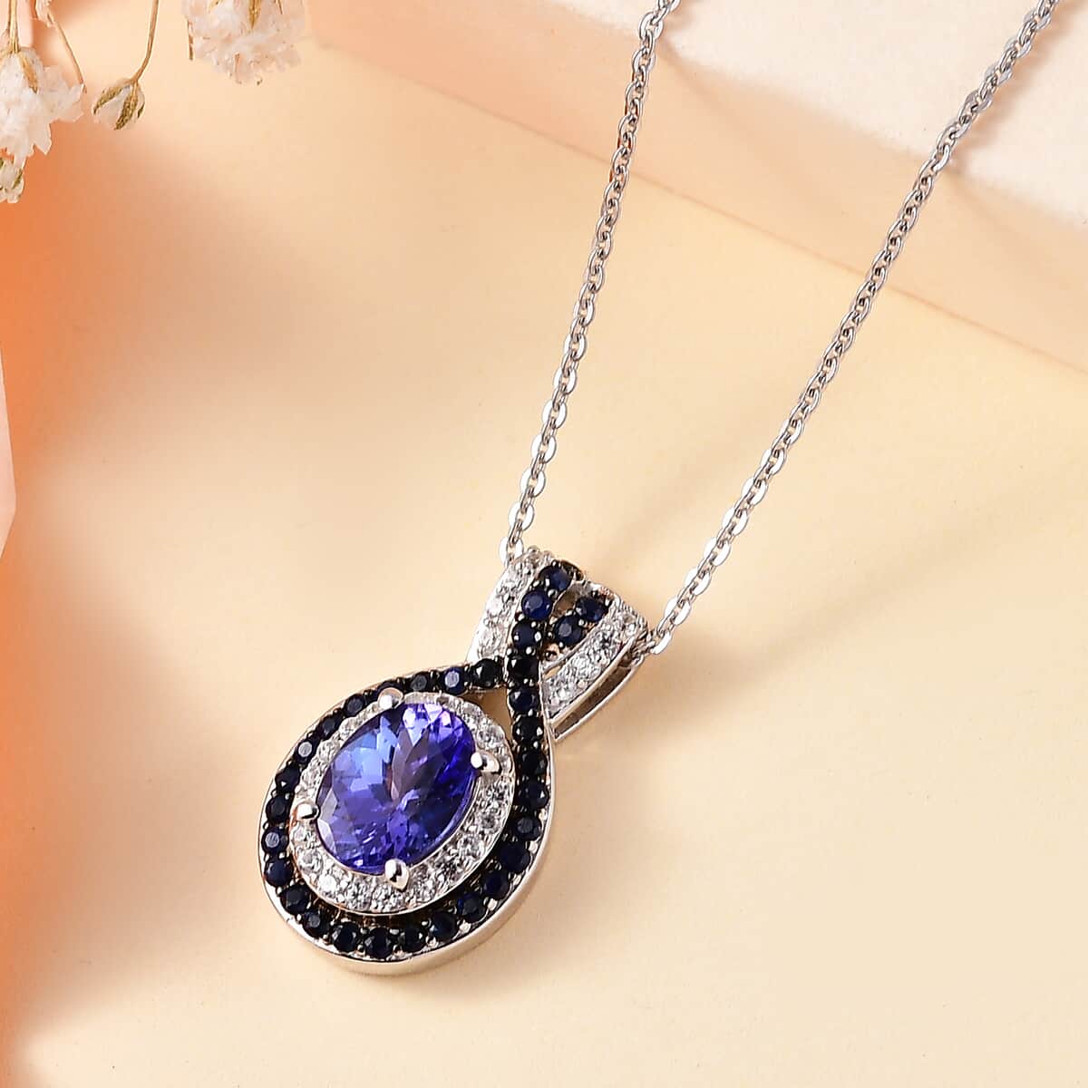 Tanzanite, Multi Gemstone Double Halo Pendant Necklace (20 Inches) in Platinum Over Sterling Silver 2.10 ctw image number 1