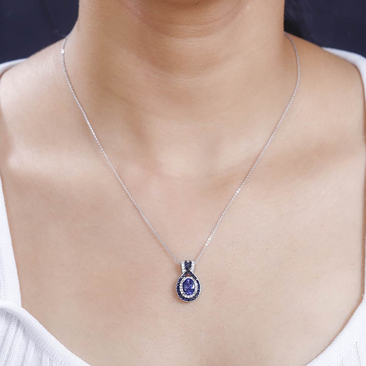 Tanzanite, Multi Gemstone Double Halo Pendant Necklace (20 Inches) in Platinum Over Sterling Silver 2.10 ctw image number 2