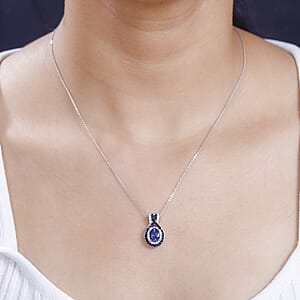 Tanzanite and Multi Gemstone 2.10 ctw Double Halo Pendant Necklace in Platinum Over Sterling Silver 20 Inches