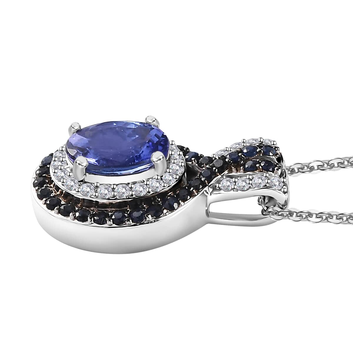 Tanzanite, Multi Gemstone Double Halo Pendant Necklace (20 Inches) in Platinum Over Sterling Silver 2.10 ctw image number 3