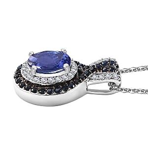 Tanzanite and Multi Gemstone 2.10 ctw Double Halo Pendant Necklace in Platinum Over Sterling Silver 20 Inches