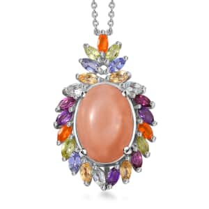 Peach Moonstone and Multi Gemstone Cocktail Pendant Necklace 20 Inches in Platinum Over Sterling Silver 8.50 ctw