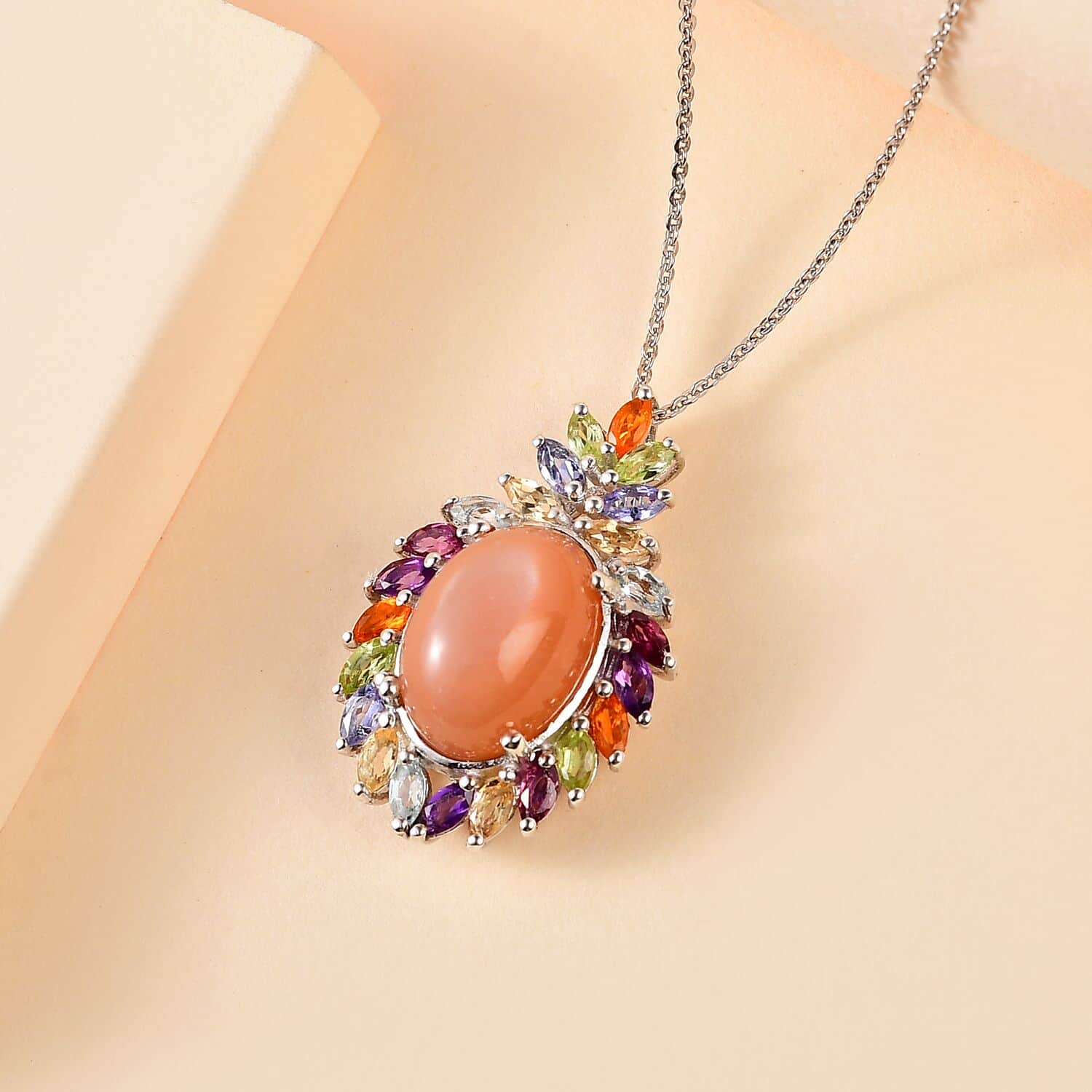 Pink tourmaline and peach high quality moonstone gemstone gold pendant necklace