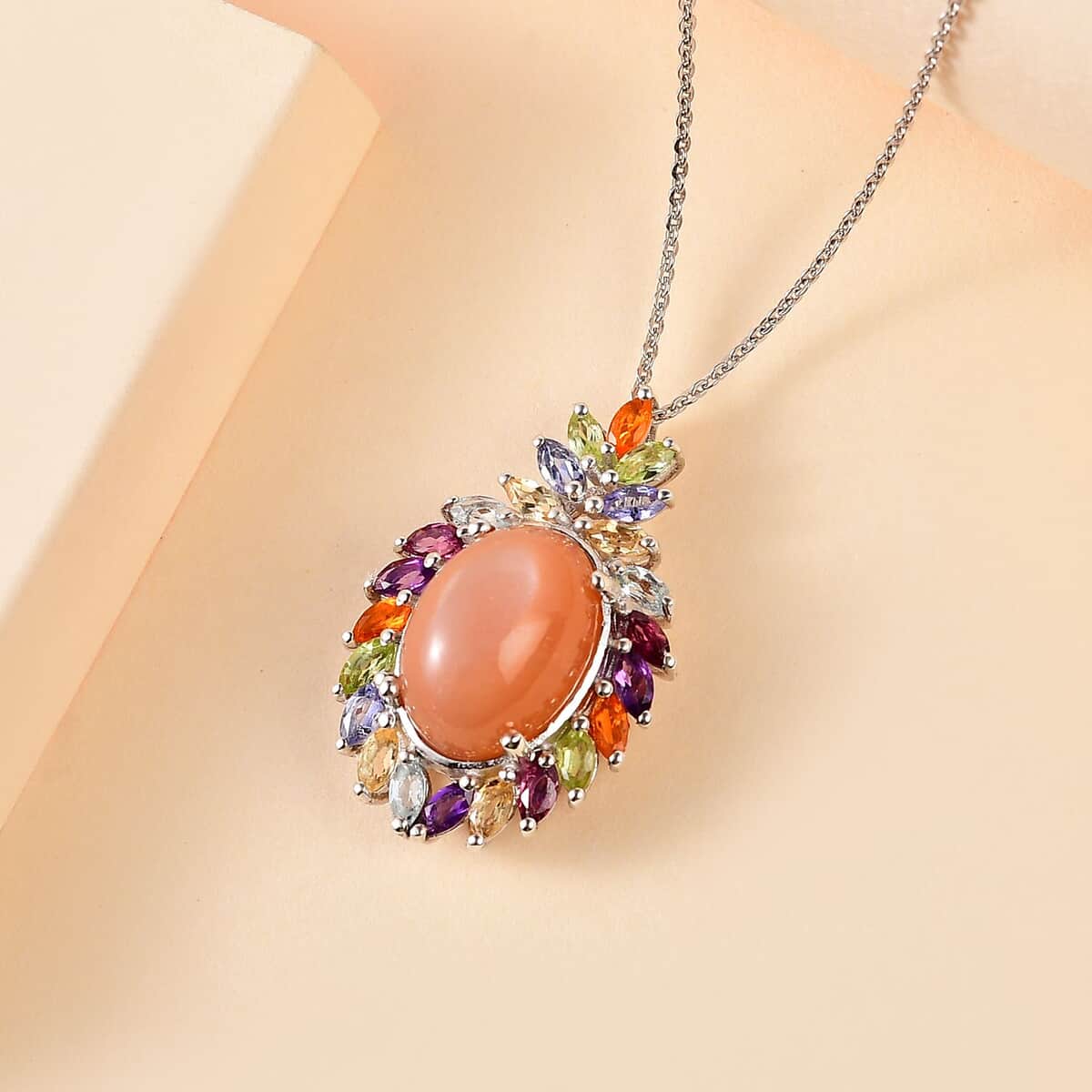 Epic Deal Peach Moonstone, Multi Gemstone Cocktail Pendant Necklace (20 Inches) in Platinum Over Sterling Silver 8.50 ctw image number 1