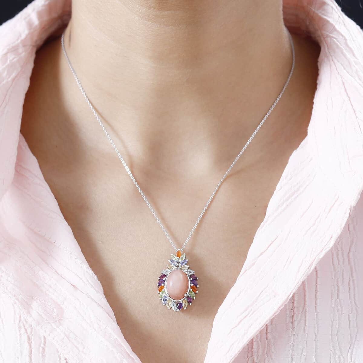 Peach Moonstone and Multi Gemstone Cocktail Pendant Necklace 20 Inches in Platinum Over Sterling Silver 8.50 ctw image number 2