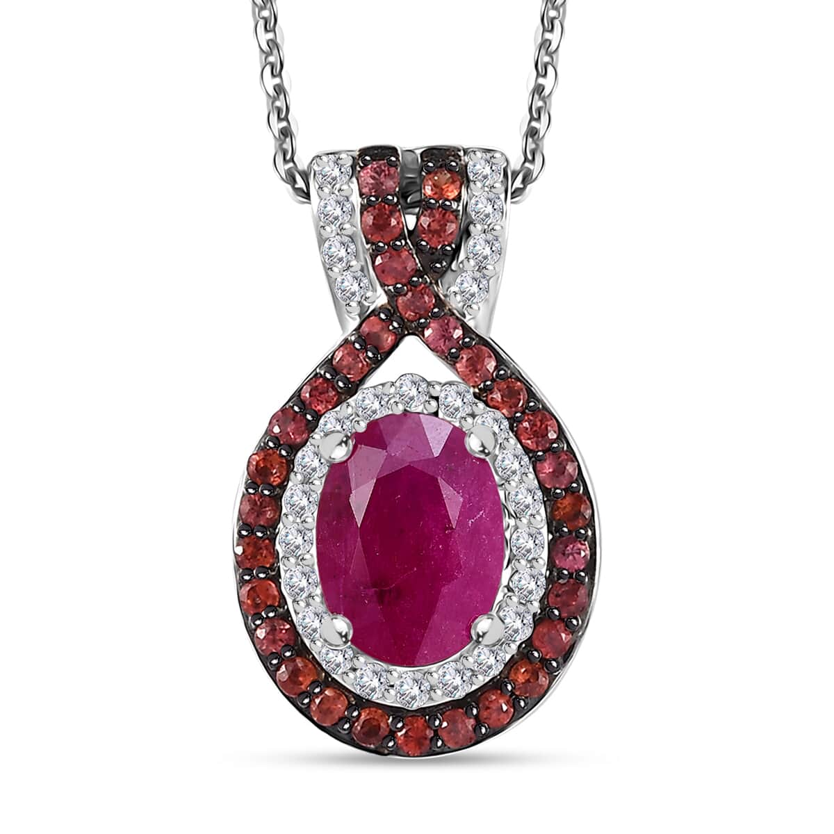 Mozambique Ruby and Multi Gemstone 1.90 ctw Double Halo Pendant Necklace in Platinum Over Sterling Silver 20 Inches image number 0