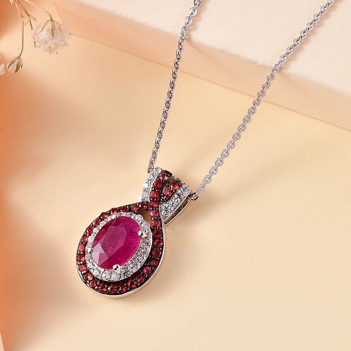 Mozambique Ruby and Multi Gemstone 1.90 ctw Double Halo Pendant Necklace in Platinum Over Sterling Silver 20 Inches image number 1