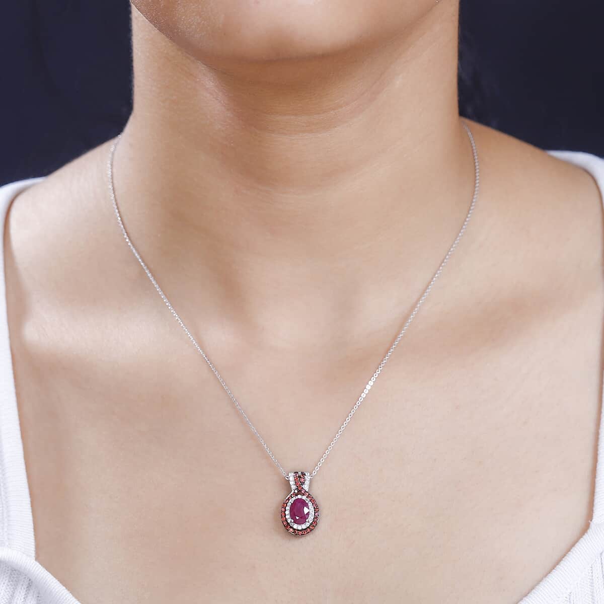 Mozambique Ruby and Multi Gemstone 1.90 ctw Double Halo Pendant Necklace in Platinum Over Sterling Silver 20 Inches image number 2