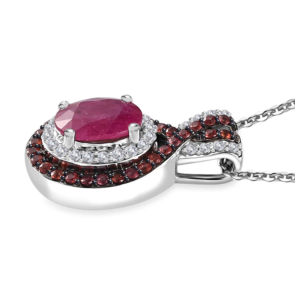 Mozambique Ruby and Multi Gemstone 1.90 ctw Double Halo Pendant Necklace in Platinum Over Sterling Silver 20 Inches image number 3