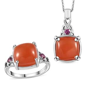Peach Moonstone, Orissa Rhodolite Garnet Ring (Size 5.0) and Pendant Necklace 20 Inches in Platinum Over Sterling Silver 9.30 ctw (Del. in 10-12 Days)