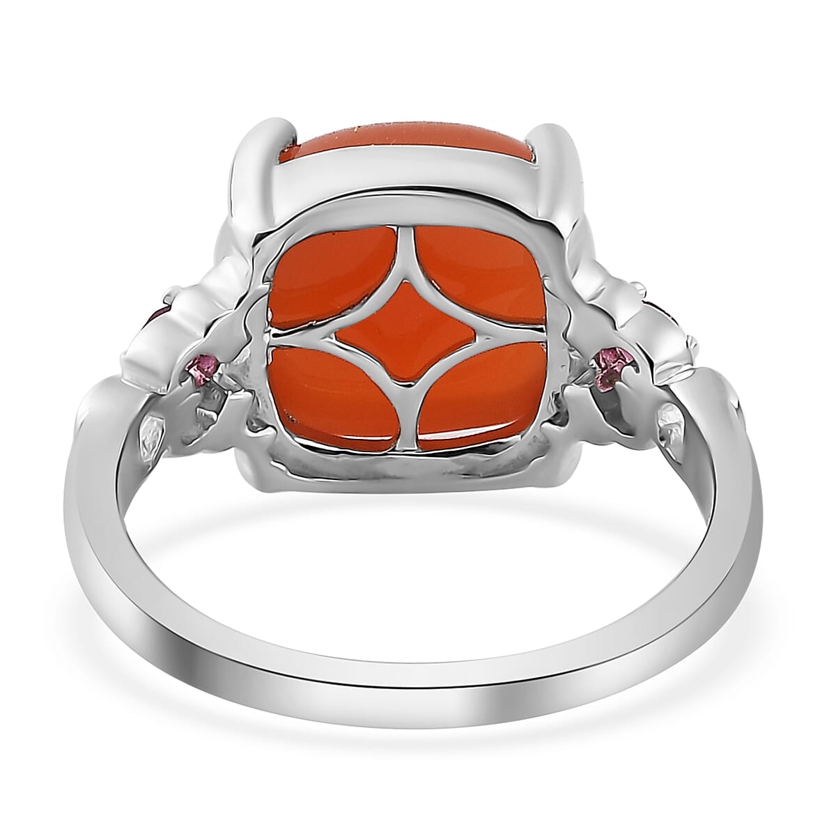 Peach Moonstone, Orissa Rhodolite Garnet Ring (Size 5.0) and Pendant Necklace 20 Inches in Platinum Over Sterling Silver 9.30 ctw