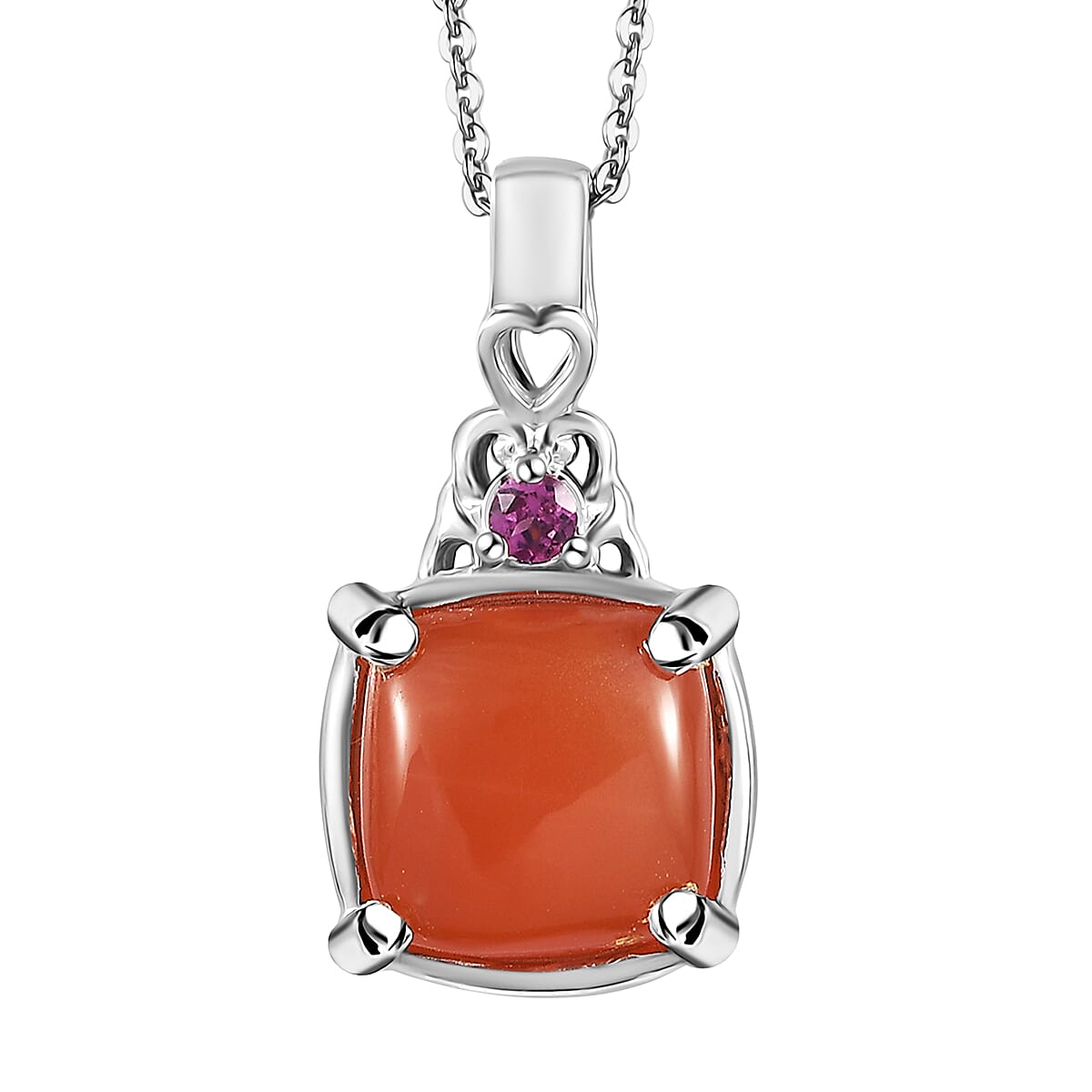 Peach Moonstone, Orissa Rhodolite Garnet Ring (Size 5.0) and Pendant Necklace 20 Inches in Platinum Over Sterling Silver 9.30 ctw