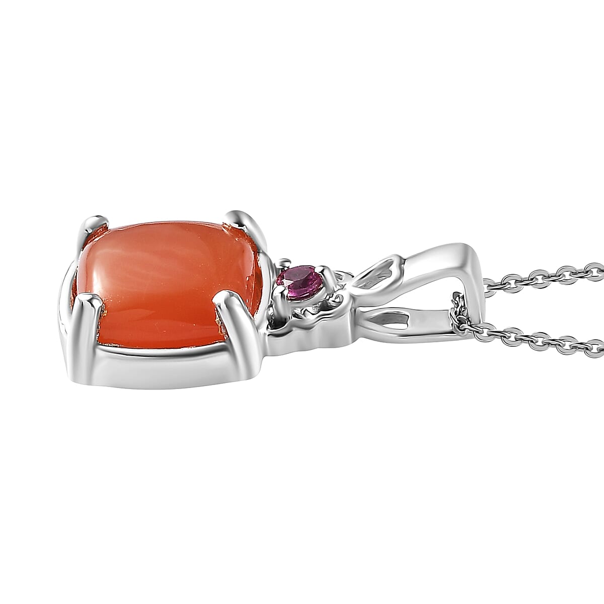 Peach Moonstone, Orissa Rhodolite Garnet Ring (Size 5.0) and Pendant Necklace 20 Inches in Platinum Over Sterling Silver 9.30 ctw