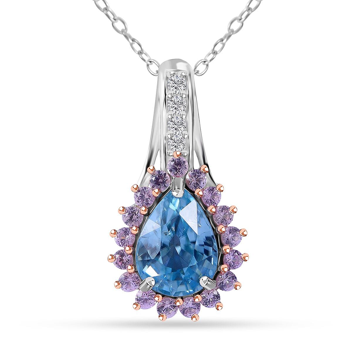 Cambodian Blue Zircon and Multi Gemstone Sunburst Pendant Necklace 18 Inches in Platinum Over Sterling Silver 2.30 ctw image number 0