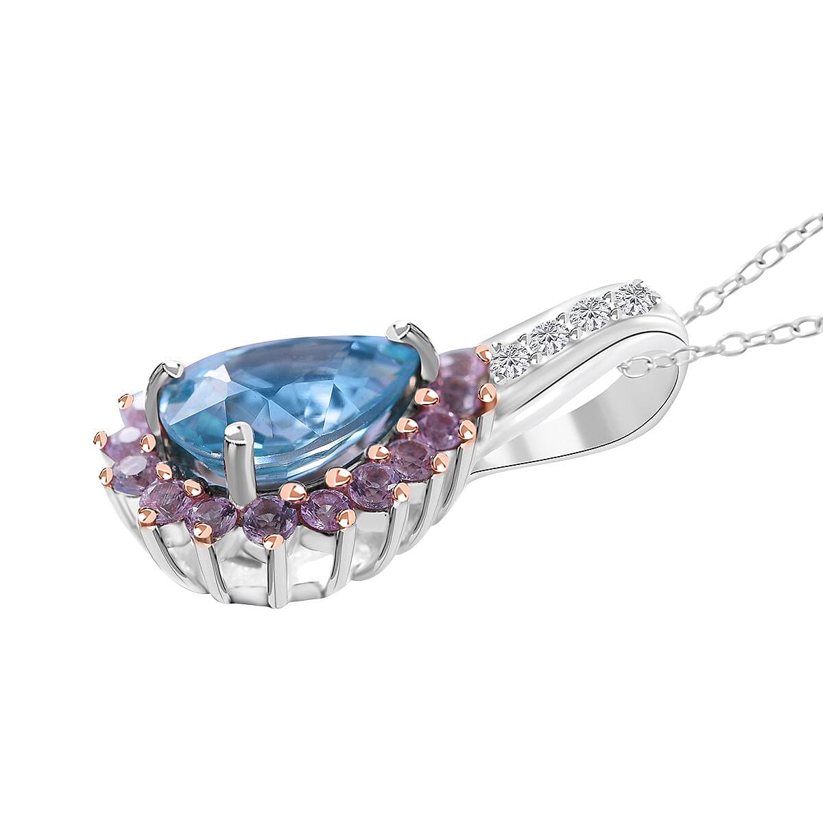 Cambodian Blue Zircon and Multi Gemstone Sunburst Pendant Necklace 18 Inches in Platinum Over Sterling Silver 2.30 ctw image number 2