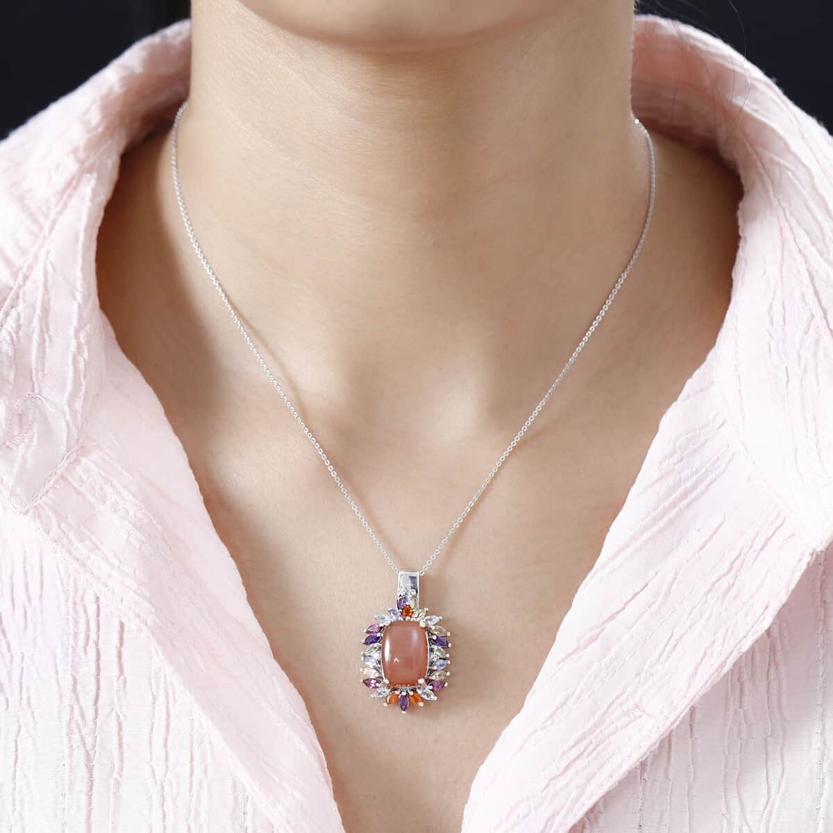 Peach Moonstone and Multi Gemstone Cocktail Pendant Necklace 20 Inches in Platinum Over Sterling Silver 9.65 ctw image number 2