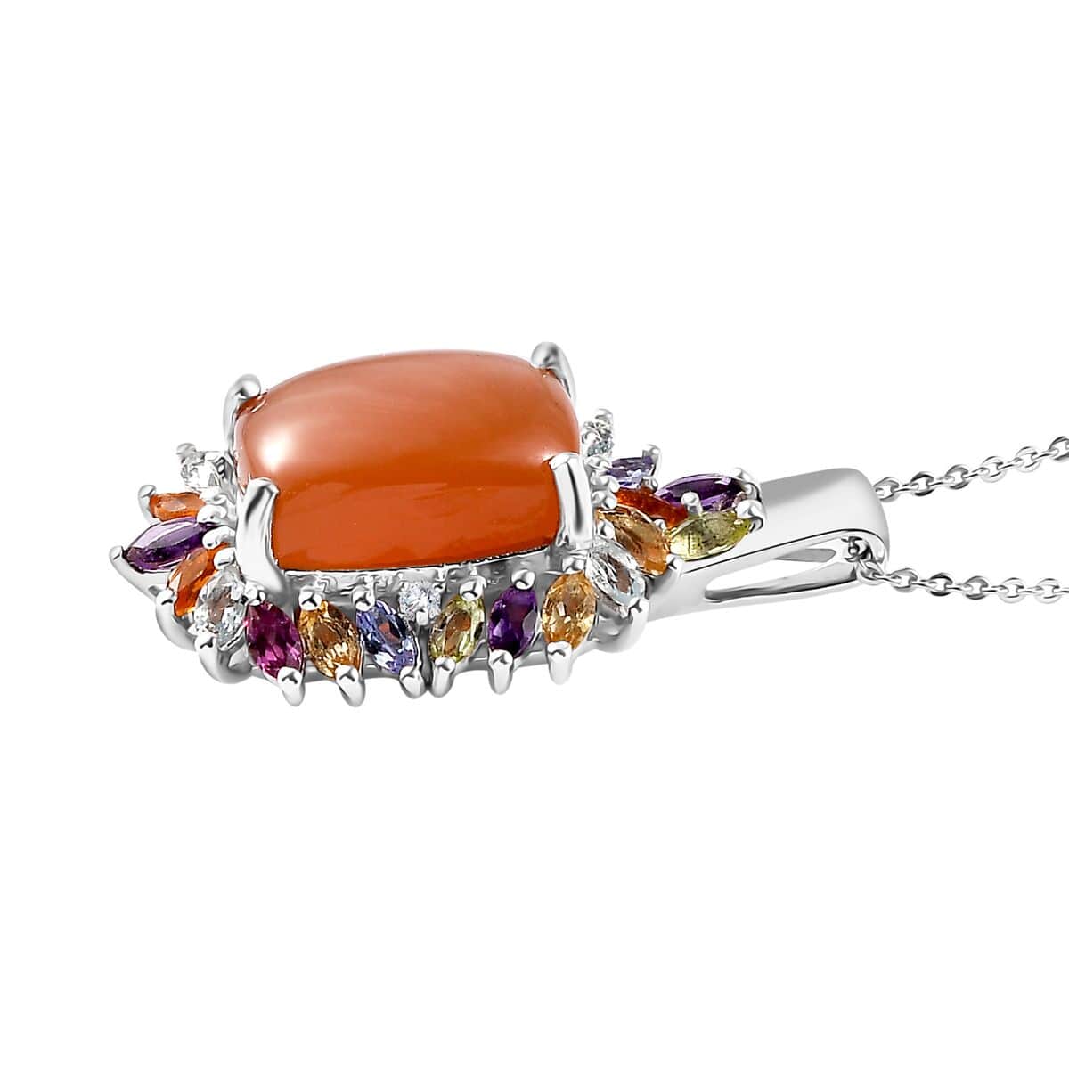 Peach Moonstone and Multi Gemstone Cocktail Pendant Necklace 20 Inches in Platinum Over Sterling Silver 9.65 ctw image number 3