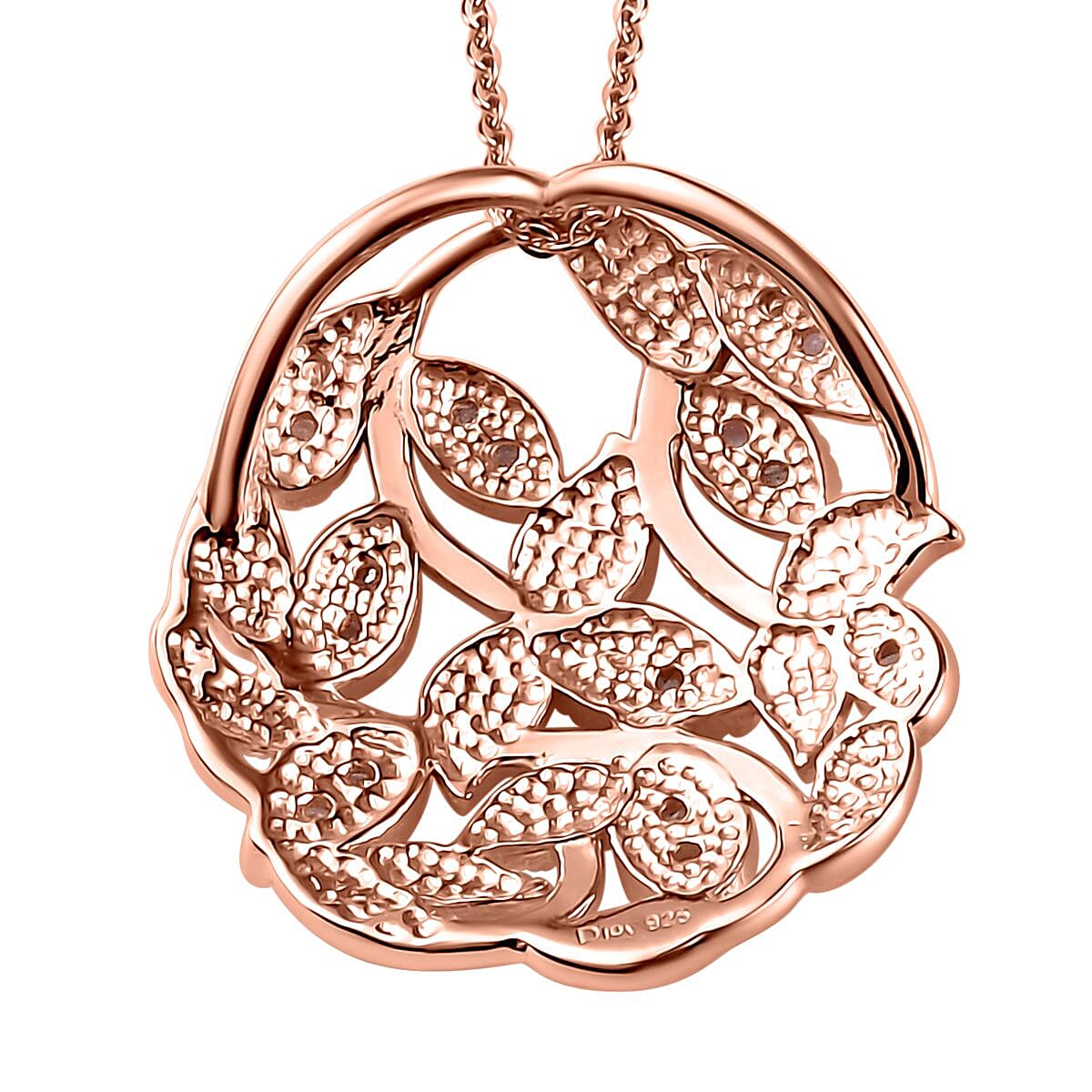 Uncut Natural Pink Diamond Floral and Leaf Pendant Necklace 20 Inches in Vermeil Rose Gold Over Sterling Silver 0.25 ctw