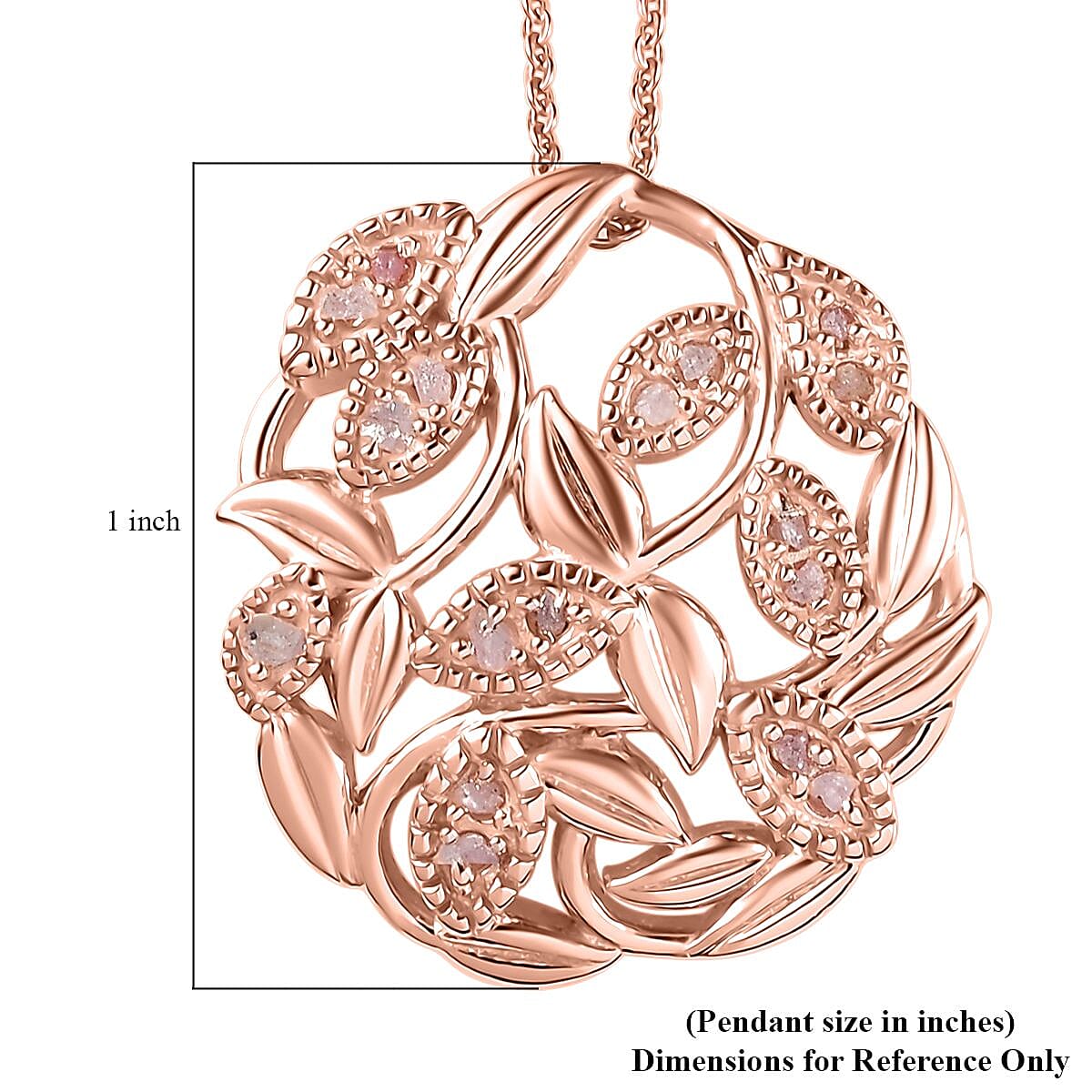 Uncut Natural Pink Diamond Floral and Leaf Pendant Necklace 20 Inches in Vermeil Rose Gold Over Sterling Silver 0.25 ctw