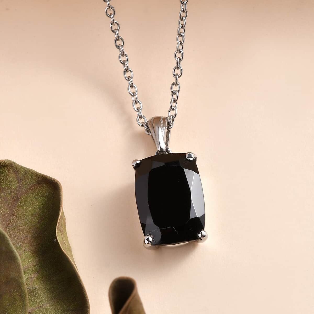Thai Black Spinel Solitaire Pendant Necklace 20 Inches in Stainless Steel 8.30 ctw image number 1