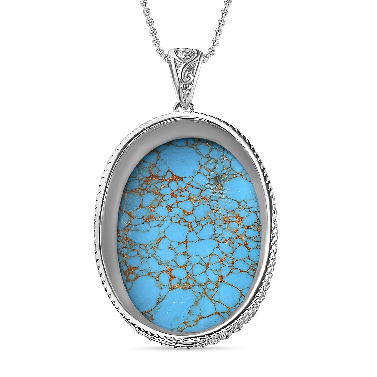Blue Mojave Turquoise 70.00 ctw Pendant Necklace in Stainless Steel 20 Inches 