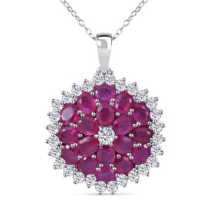 Niassa Ruby (FF) and White Zircon Floral Spray Pendant Necklace 18 Inches in Platinum Over Sterling Silver 6.10 ctw