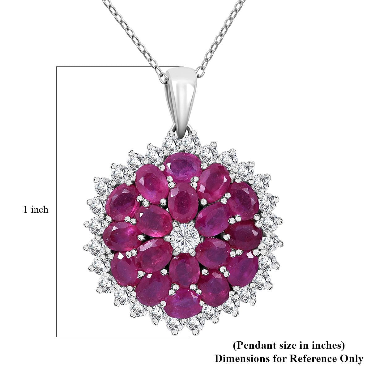 Niassa Ruby (FF) and White Zircon Floral Spray Pendant Necklace 18 Inches in Platinum Over Sterling Silver 6.10 ctw