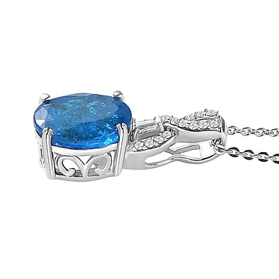 Malgache Neon Apatite and Moissanite Pendant Necklace 20 Inches in Platinum Over Sterling Silver 2.85 ctw