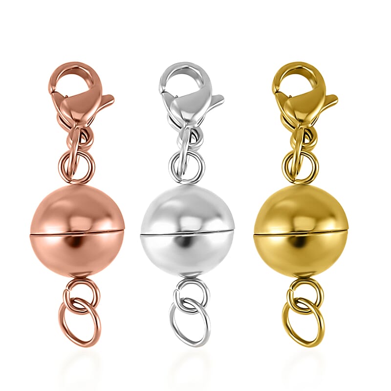 Set of Three 9mm Magnetic Lock with 9mm Lobster Clasp and 0.6x5mm Ring in ION Palted YG, RG and Stainless Steel