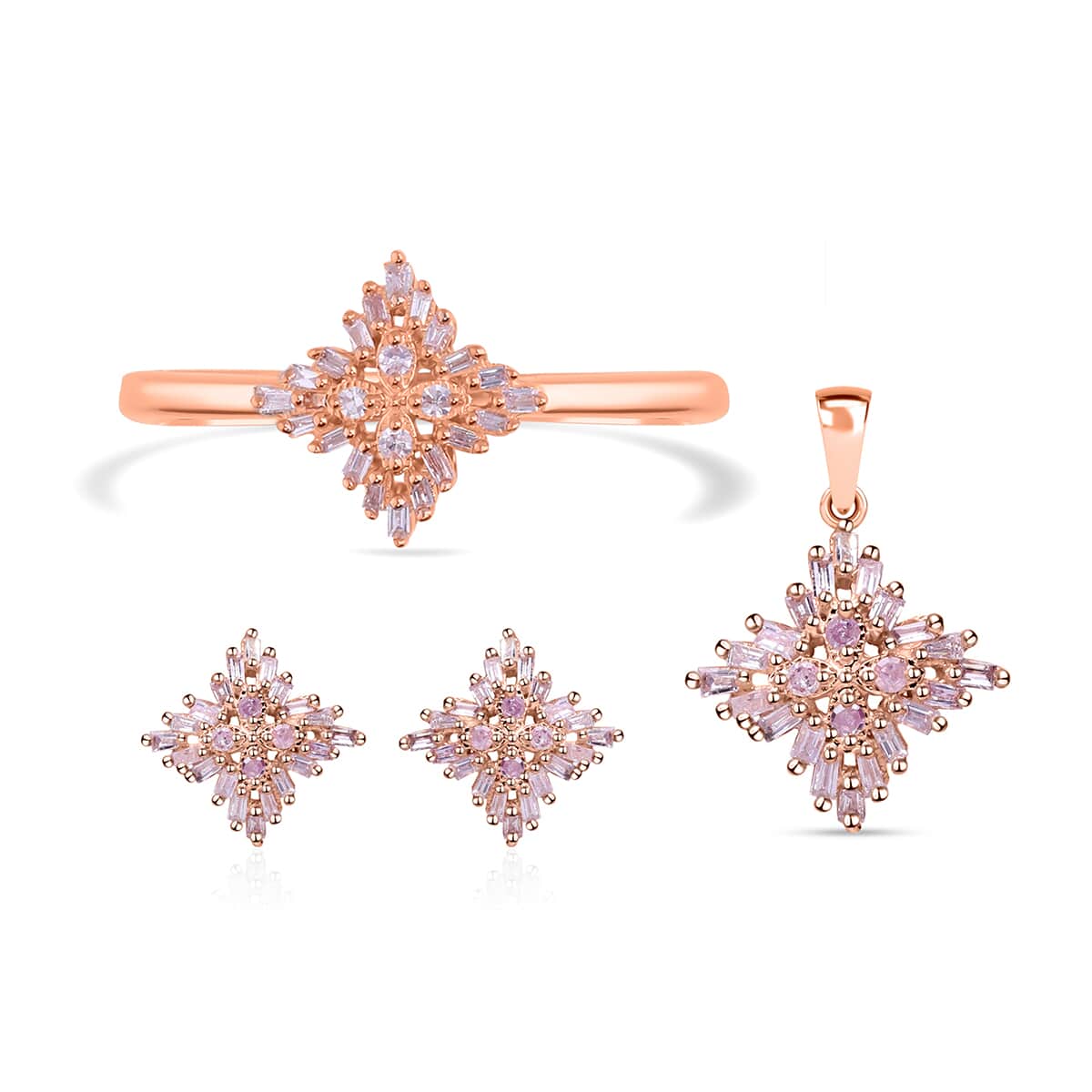 Natural Pink Diamond I3 Earrings, Ring (Size 5.0) and Pendant in Vermeil Rose Gold Over Sterling Silver 0.50 ctw image number 0