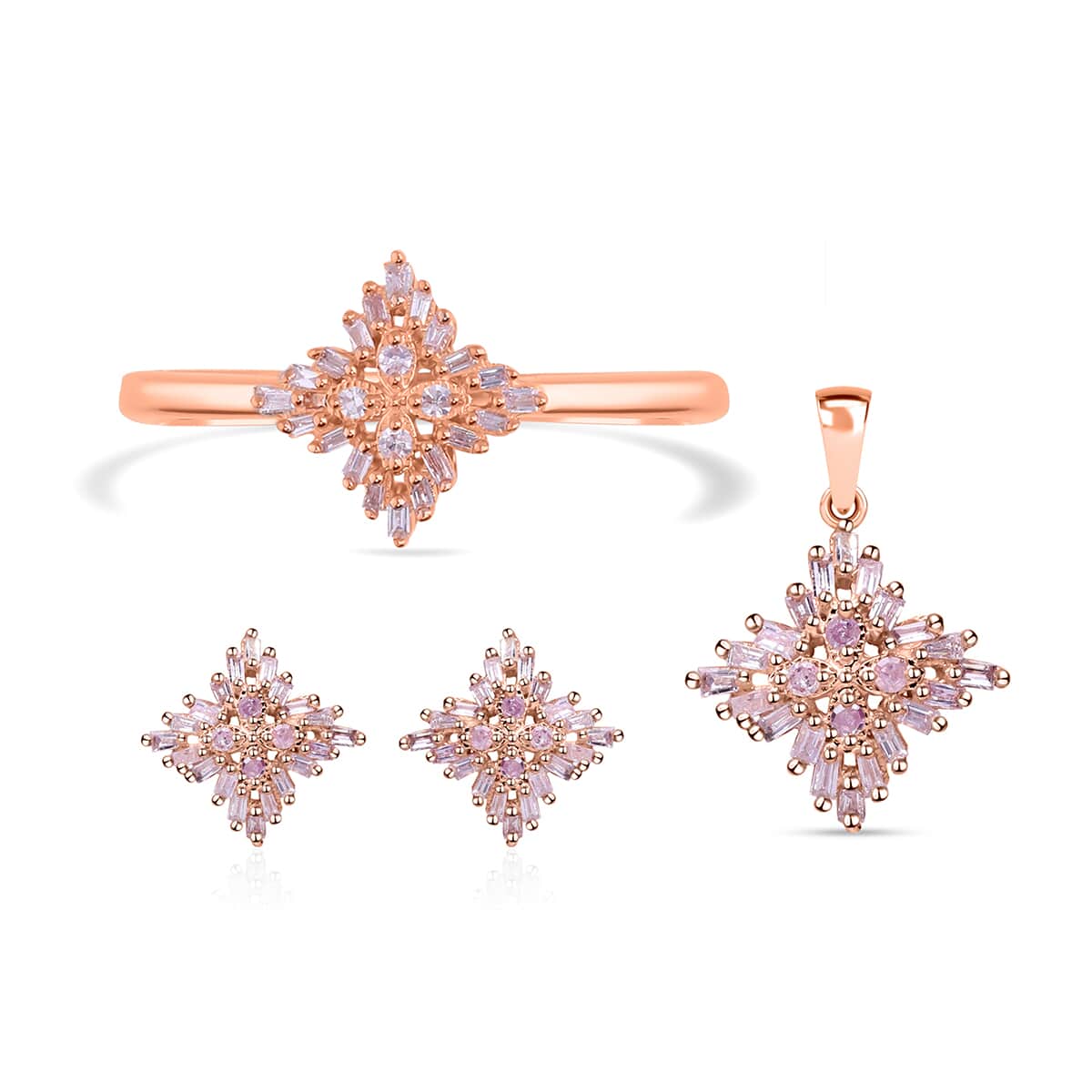 Natural Pink Diamond I3 Earrings, Ring (Size 7.0) and Pendant in Vermeil Rose Gold Over Sterling Silver 0.50 ctw image number 0