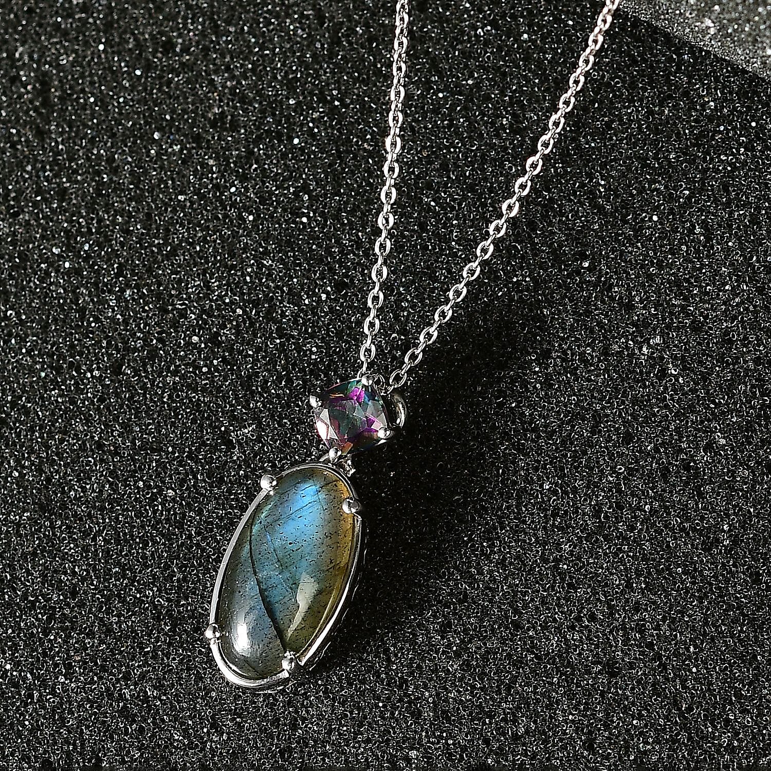 Malagasy Labradorite and Northern Lights Mystic Topaz Pendant Necklace 20 Inches in Platinum Over Sterling Silver 6.00 ctw