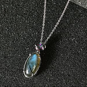 Malagasy Labradorite and Northern Lights Mystic Topaz Pendant Necklace 20 Inches in Platinum Over Sterling Silver 6.00 ctw